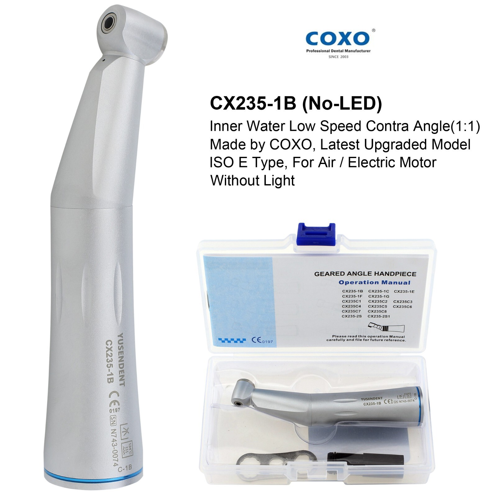 COXO Dental Fiber Optic LED Contra Angle Low Speed Handpiece 1:1 Inner Water NSK