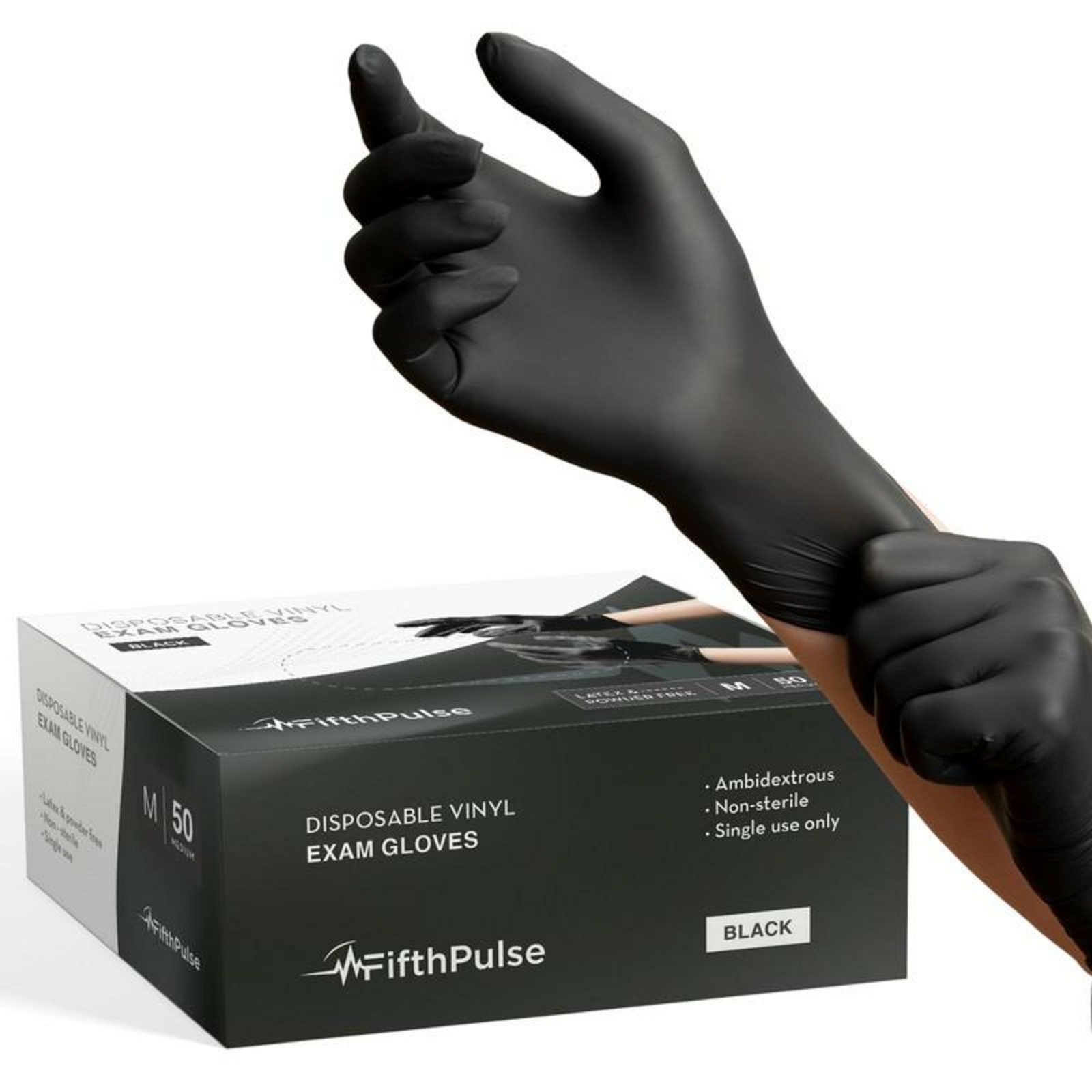 Fifth Pulse Vinyl Exam Latex & Powder Free Gloves – Black – Box of 50 (Medium)