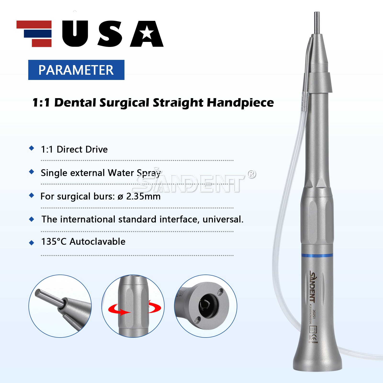 SANDENT Surgical Straight Handpiece 1:1 Micro Surgery external Water Spray
