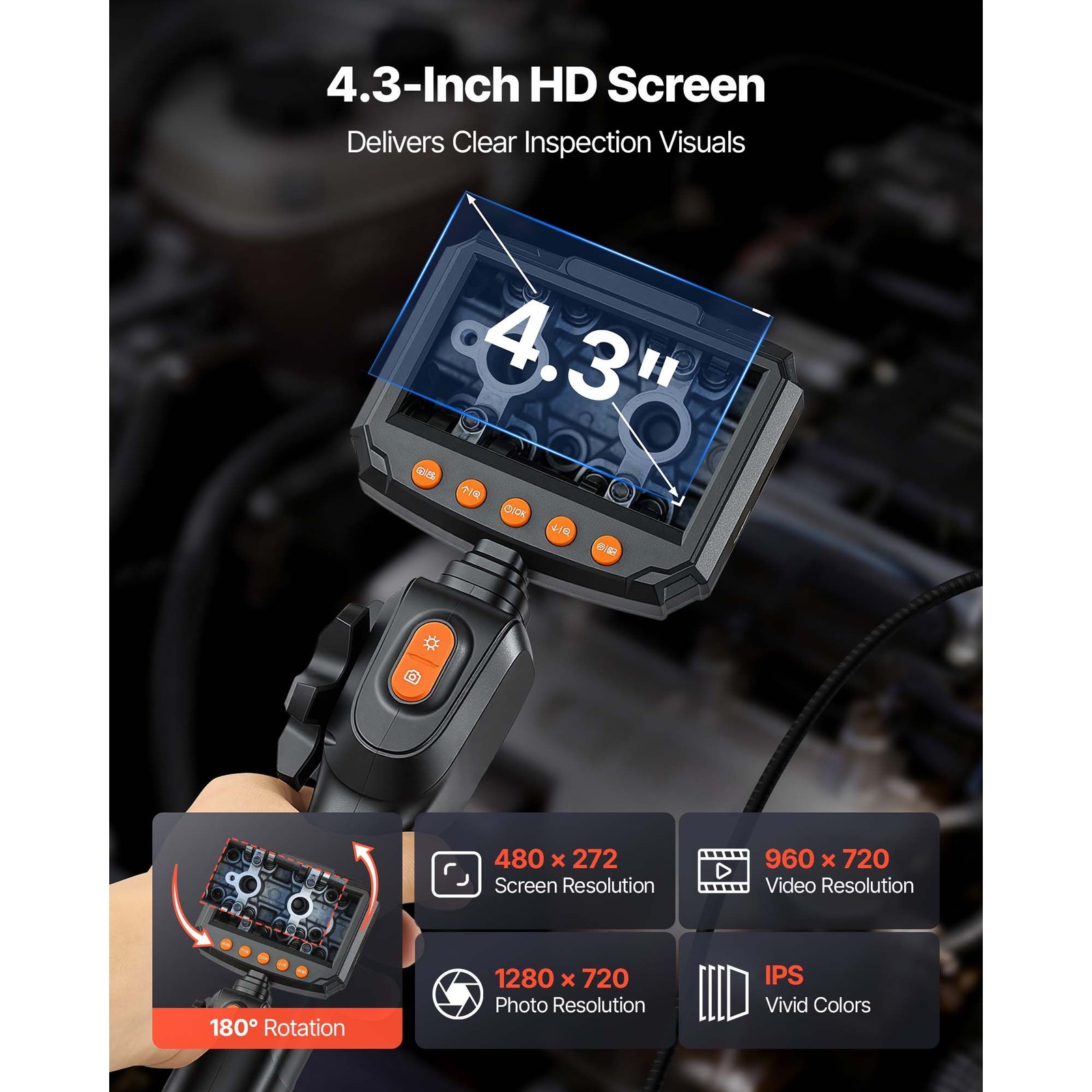 Articulating Borescope Camera, 4.3″ HD Screen, 1280×720, IP67 Waterproof, 4.9FT