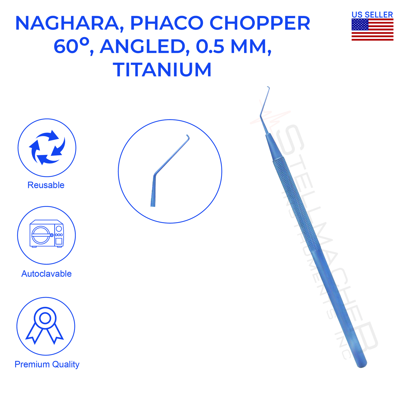 Nagahara Phaco Chopper, 60° angled, 0.5mm, overall length 12.5cm