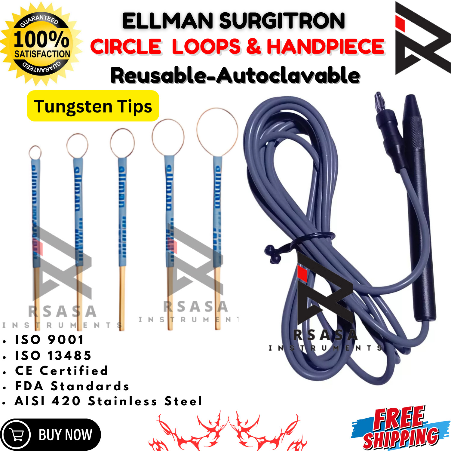 Ellman Surgitron Handpiece & Round Loop CE Certified Electrodes Tungsten Tips
