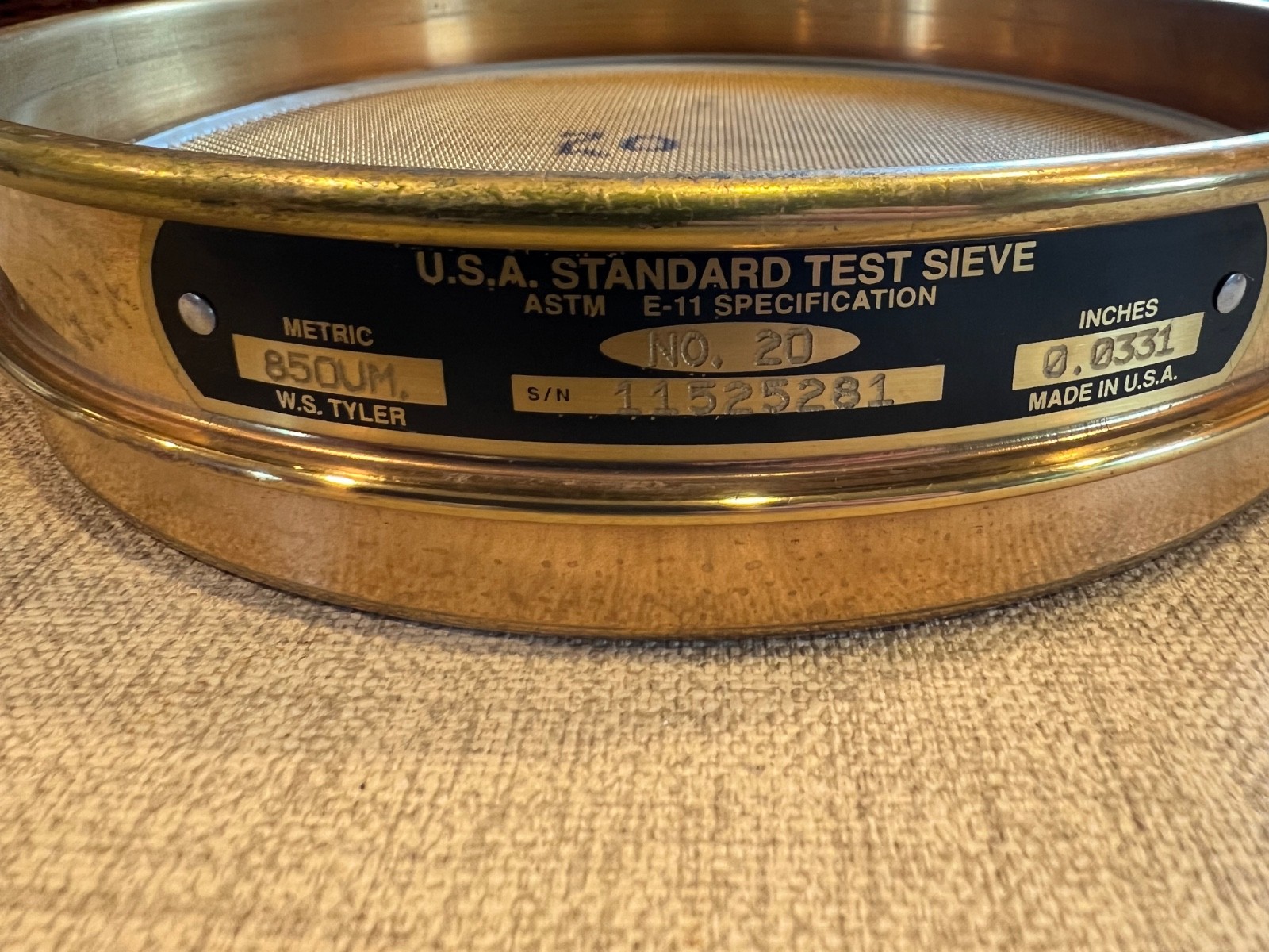 USA Standard Test Sieve No. 20 W.S. Tyler