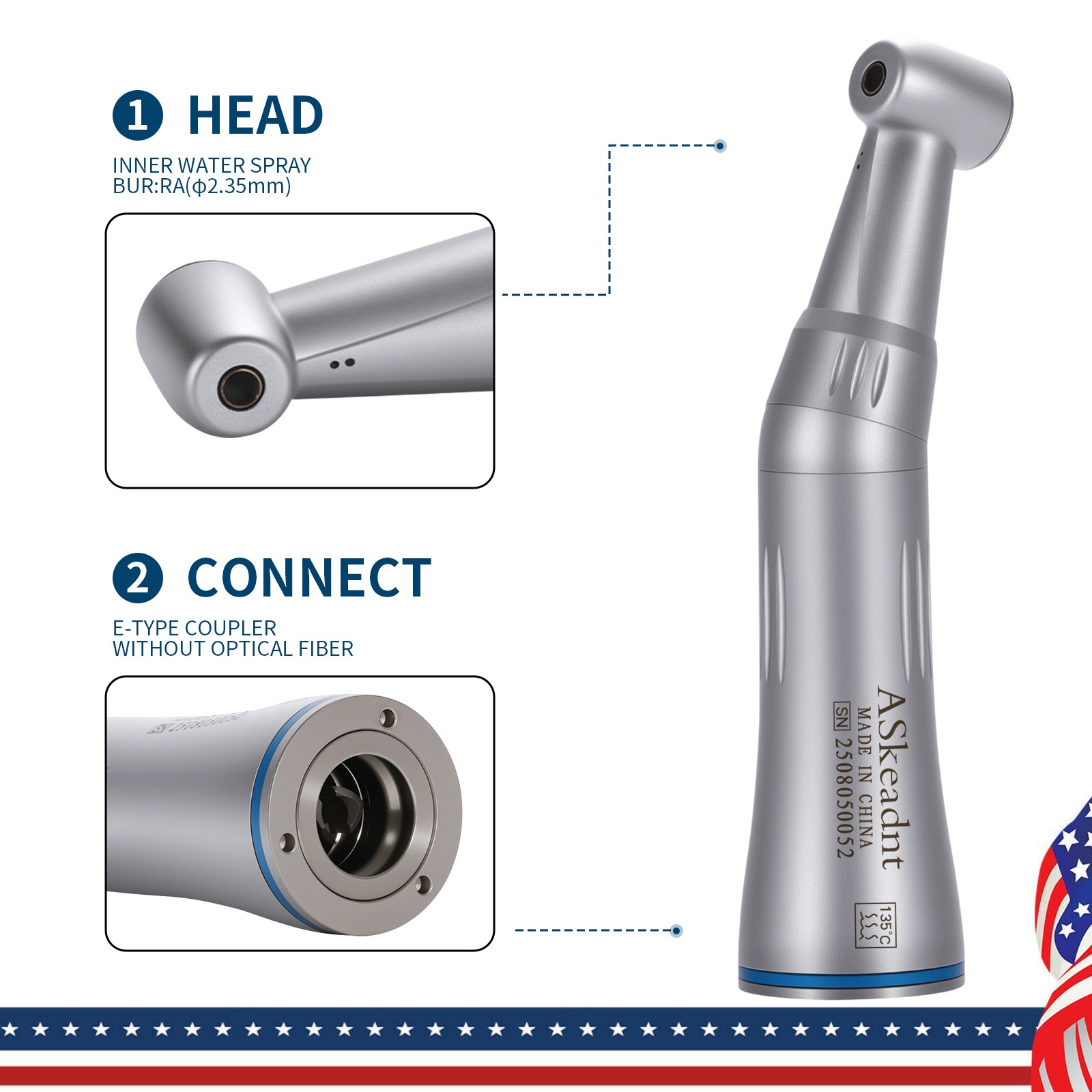 ASkeadnt Dental Inner Water Contra Angle Handpiece Slow Speed E-type NSK Style