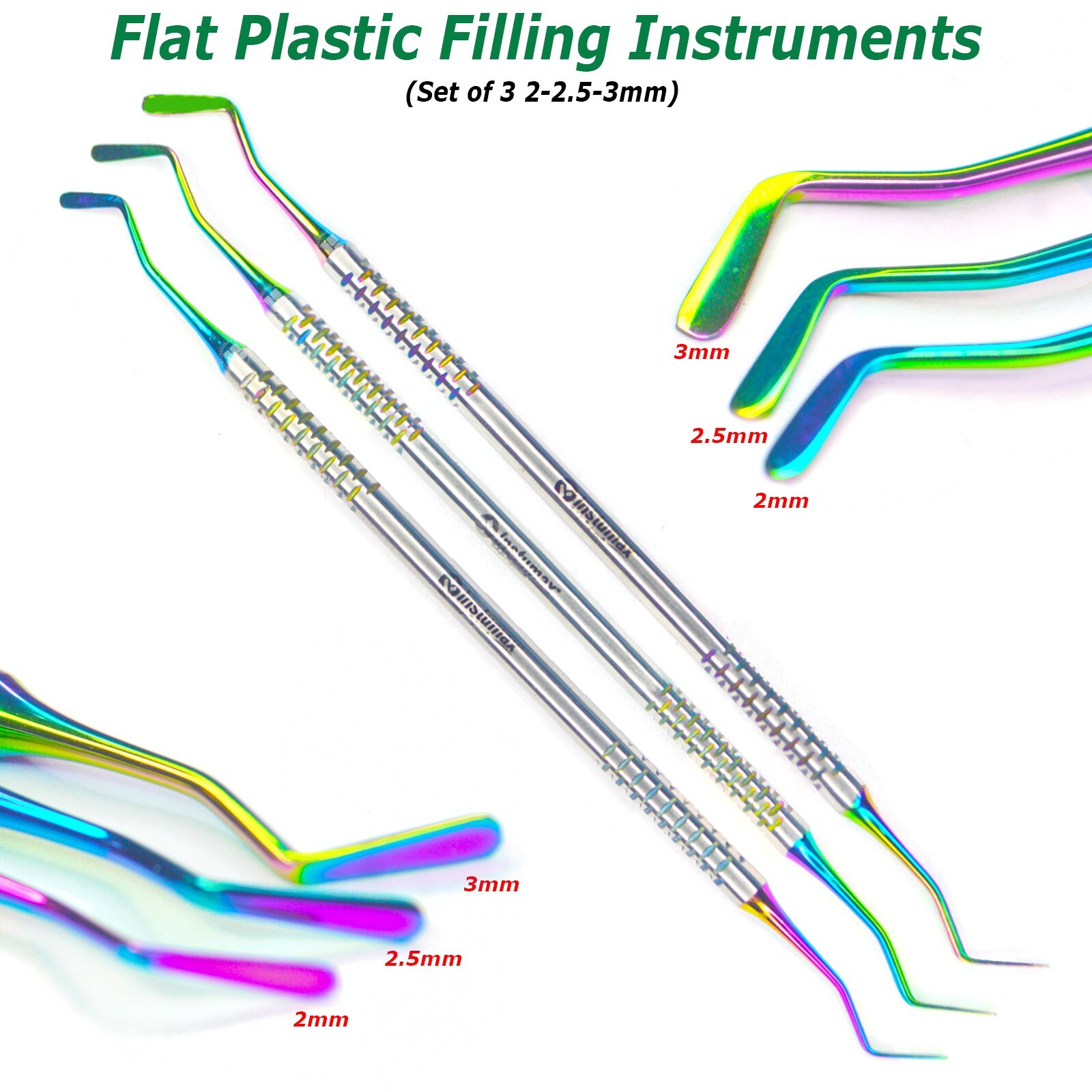 Dental Flat Plastic Composite Filling Instruments Titanium Coated Tips Set of 3