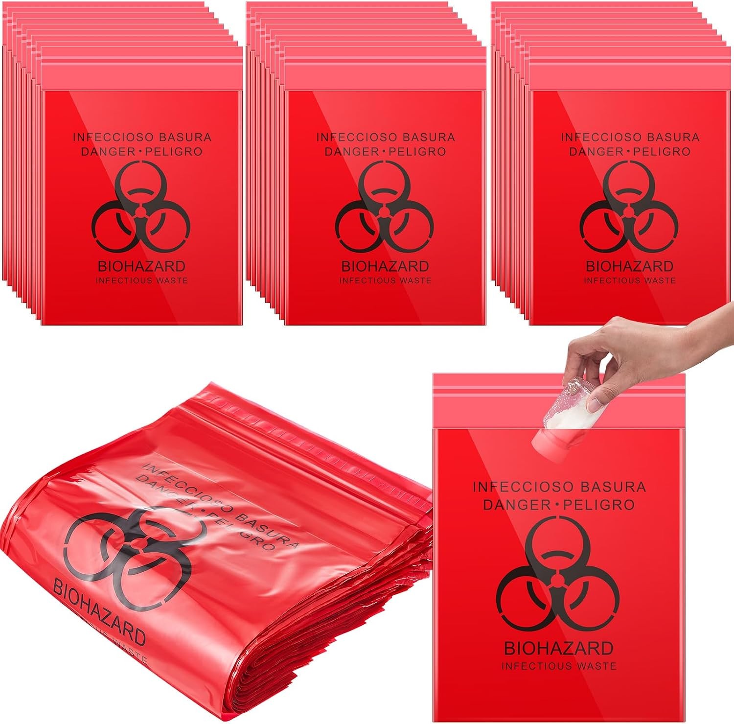 500 Pcs Red Biohazard Bags 11″ x 15″ Small Waste Trash Bags with Strong Adhesive
