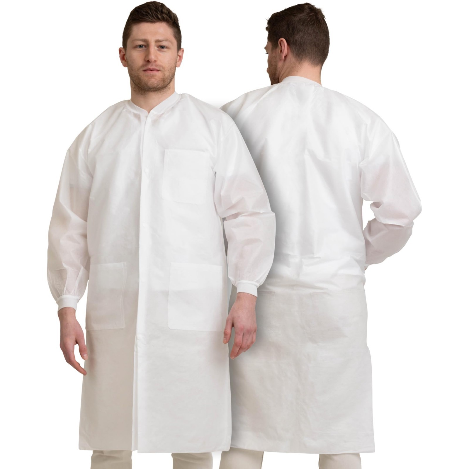 50 Pack Disposable Lab Coats – White Knee Length with 3 Pockets, XL for Hospital