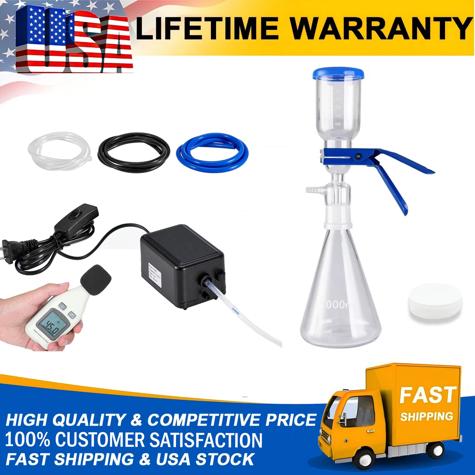 Lab Vacuum Pump 18 L/Min1000ml Lab Vacuum Filtration Glass Suction Filter Funnel