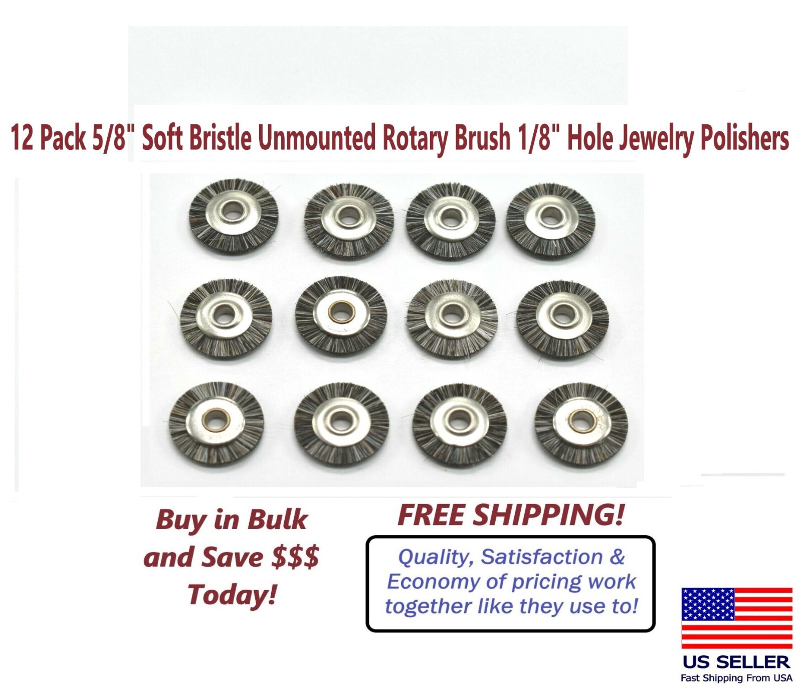 12 Pack 5/8″ Soft Bristle Unmounted Rotary Brush 1/8″ Hole Jewelry Polishers