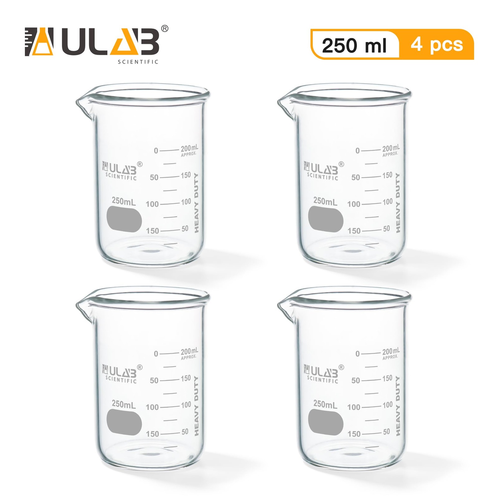 Scientific Glass Beaker Set, Vol. 250ml, 3.3 Borosilicate Griffin Low Form wi…