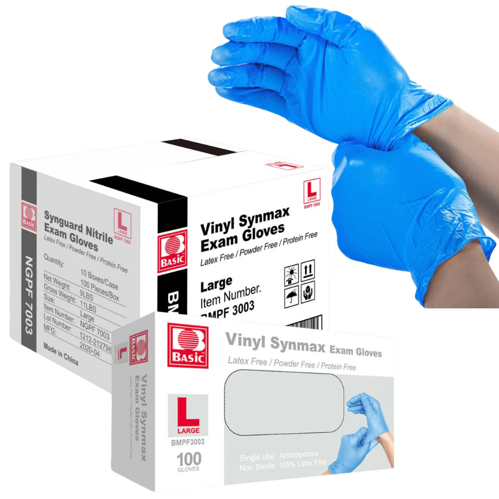 Disposable Vinyl Gloves Synmax Exam Gloves Powder-Free Blue Large 1000Pcs