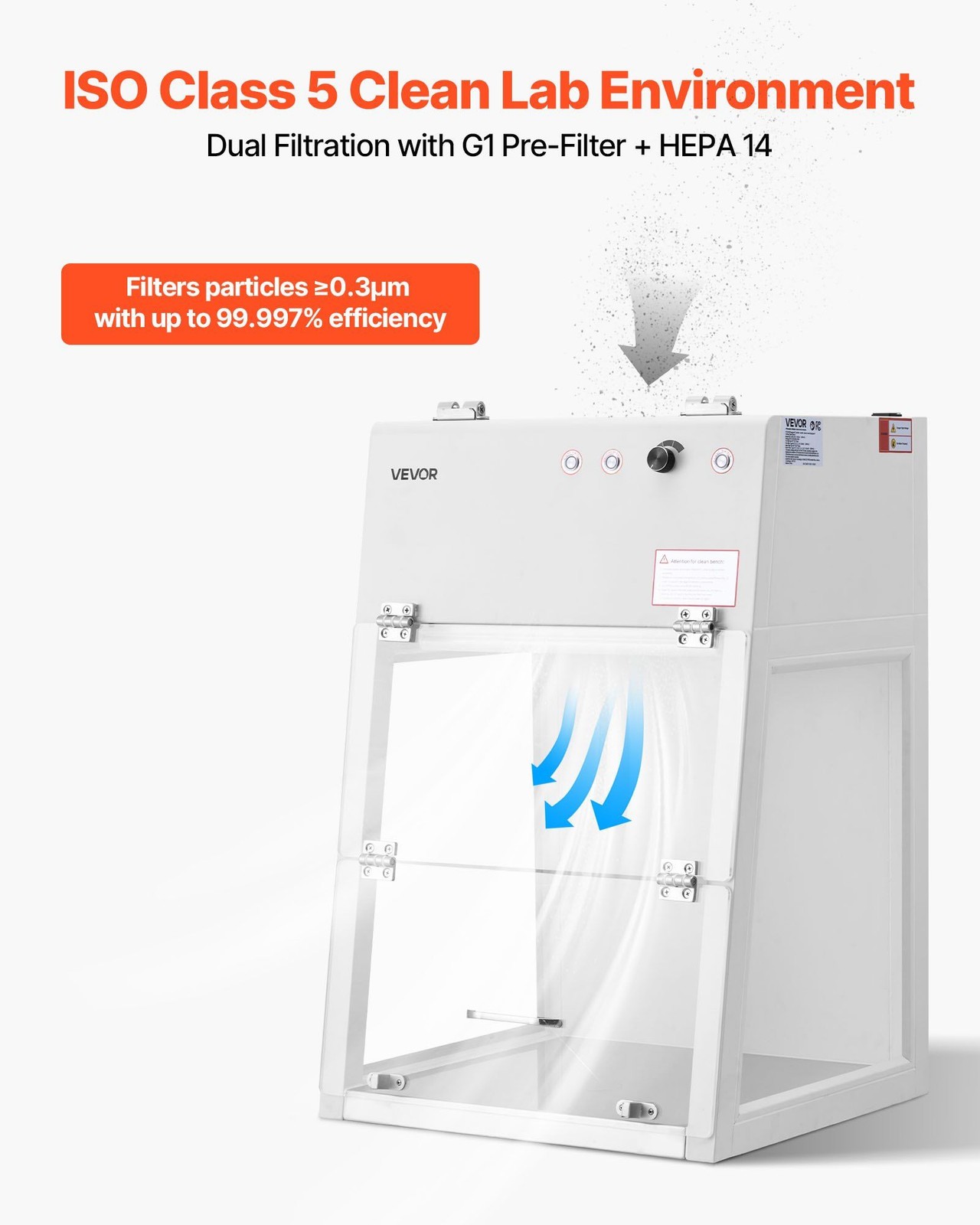 Vertical Laminar Flow Hood, 0.45 m/s Adjustable, LED Light, 65dB, Desktop