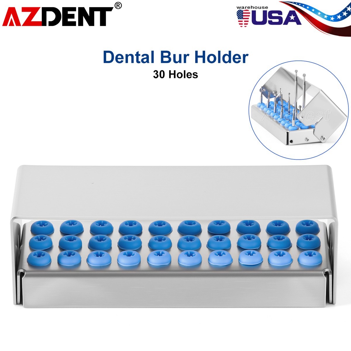 30 Holes AZDENT Dental Bur Holder Block Burs Disinfection Box Stand Autoclave US