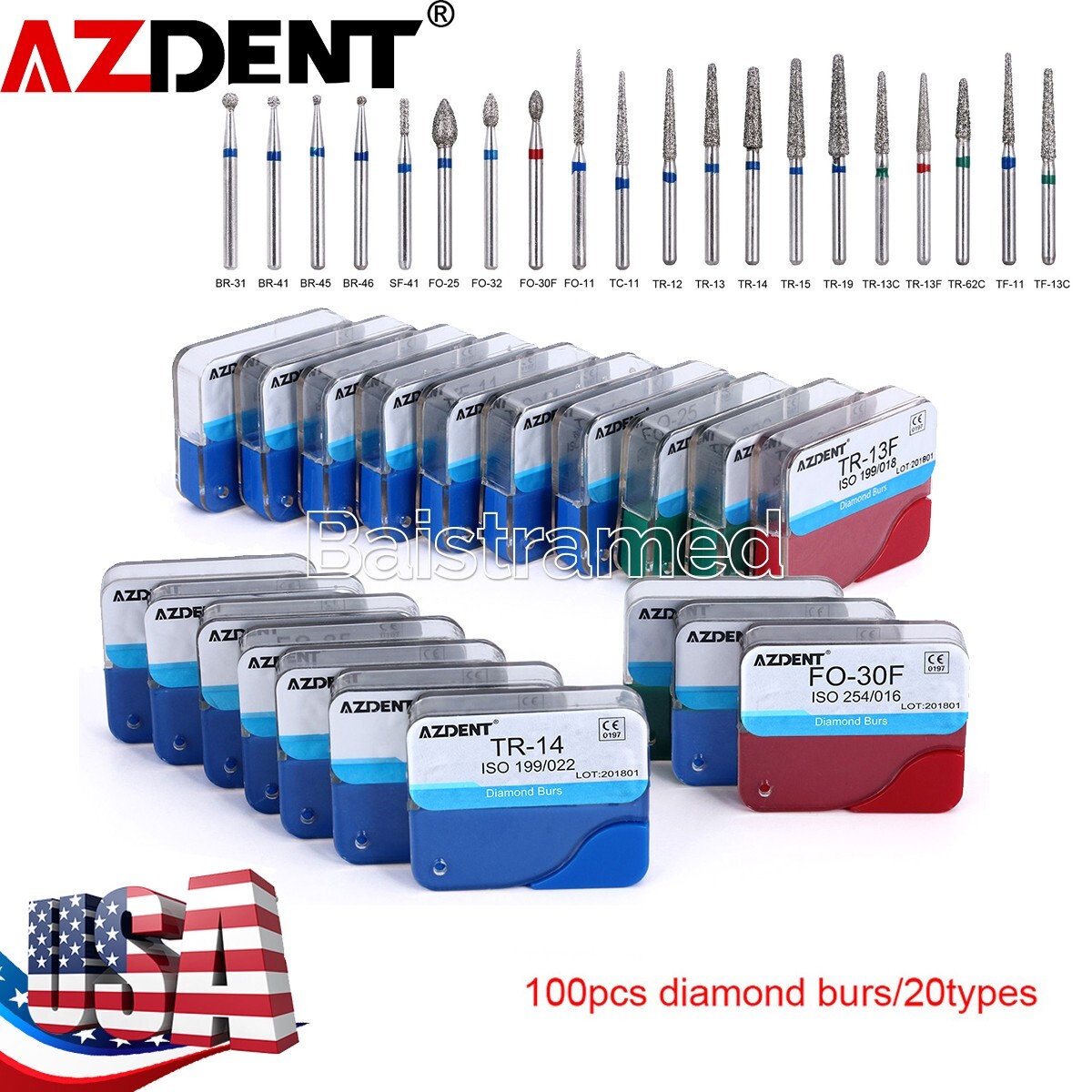 100pcs Dental Diamond Burs for High Speed Handpiece Medium Friction Grip
