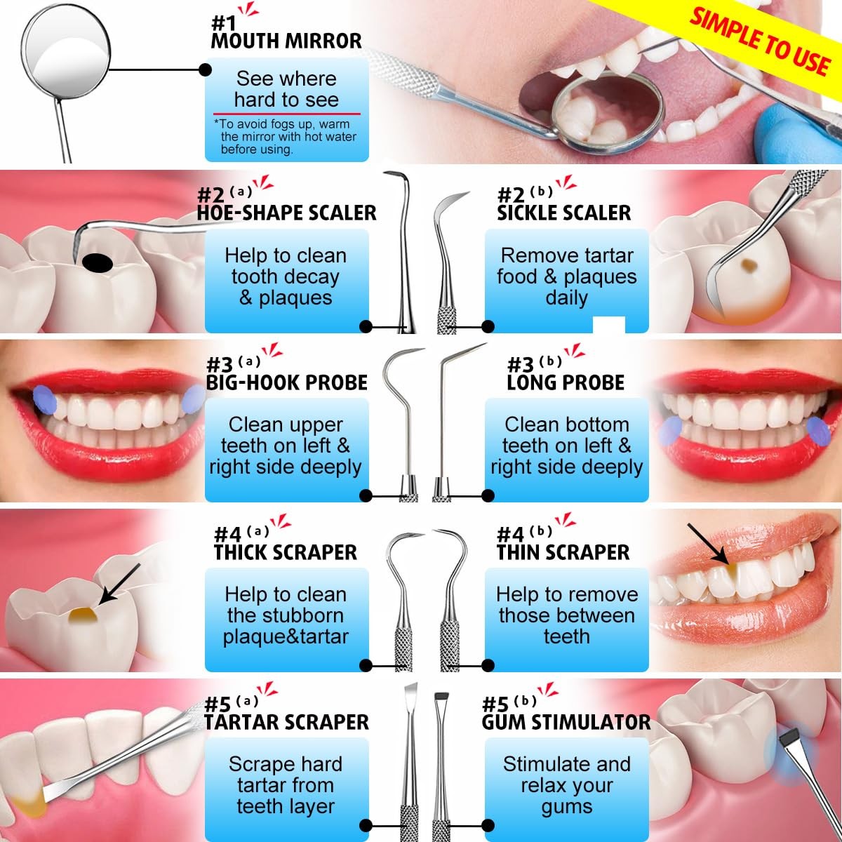 Dental Tools, 10 Pack Teeth Cleaning Tools Professional Stainless Steel…