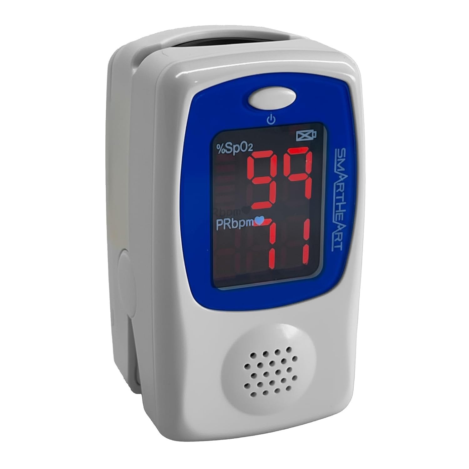 Portable Blue Fingertip Pulse Oximeter with Audible Alerts and Comfortable Fit