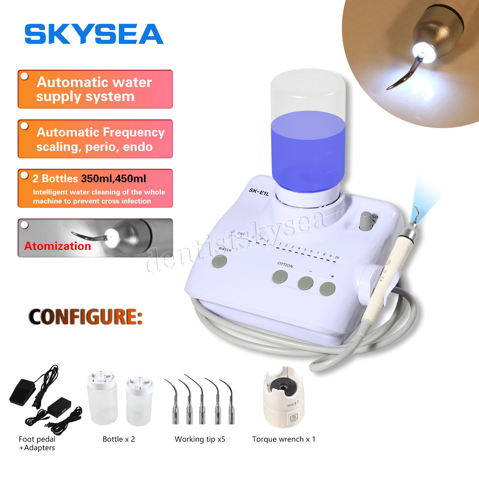 SKYSEA Dental Ultrasonic Scaler +LED detachable Handpiece+2*Bottles E1L NEW