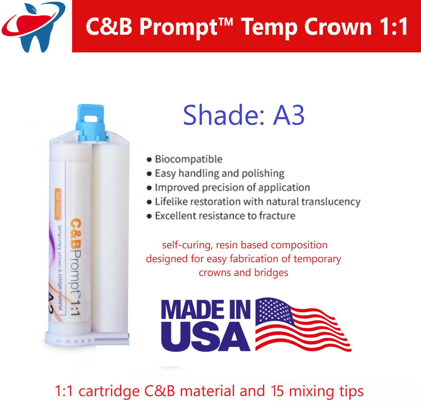Temporary Crown & Bridge Material 1:1 Dental Impression 76g, Made in US A1/B1 A3