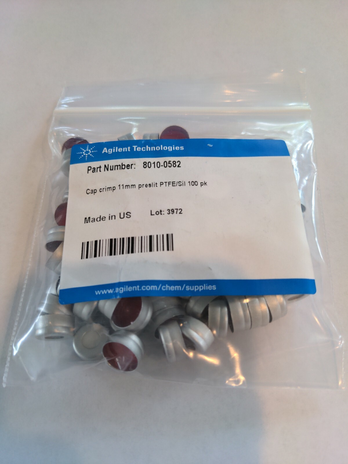 Agilent Technologies P/N: 8010-0582 Cap Crimp 11 Mm Preslit PTFE/Sil 100 Pk