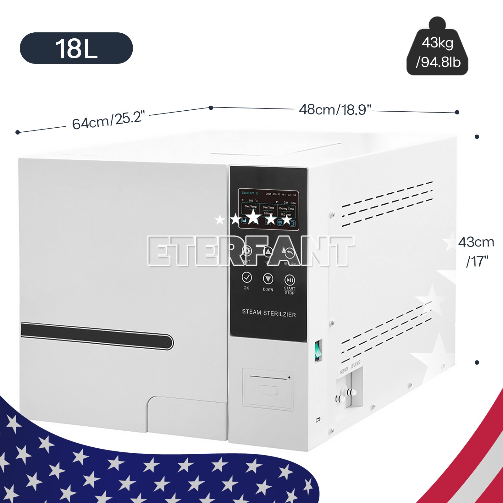 ETERFANT 18L Dental Steam Sterilizer/Medical ClassB Autoclave Sterilizer+Printer