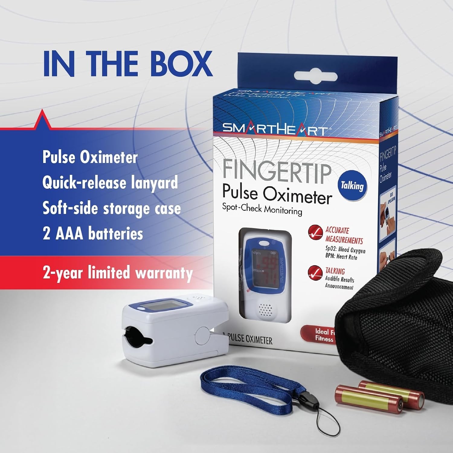 Portable Blue Fingertip Pulse Oximeter with Audible Alerts and Comfortable Fit