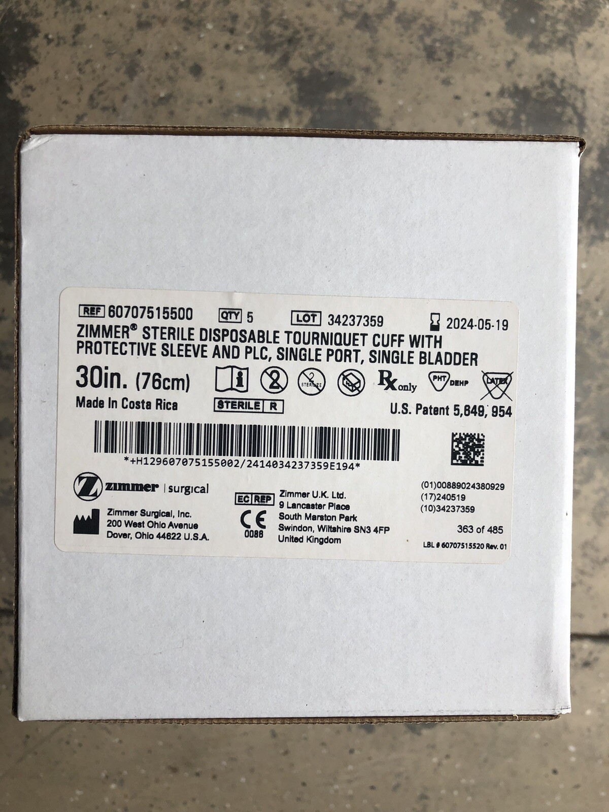 30″ ZB Sterile Disp. Tourniquet Cuff sleeve & PLC, SPSB Box of 5 – #60-7075-155