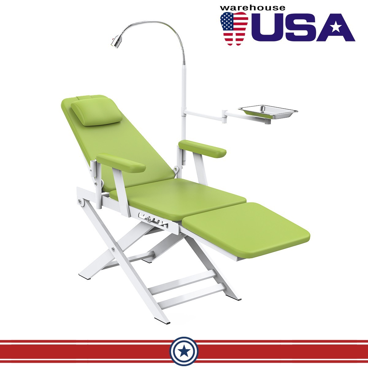 Dental Portable Mobile Folding Chair PU Leather with LED Light Tray Green