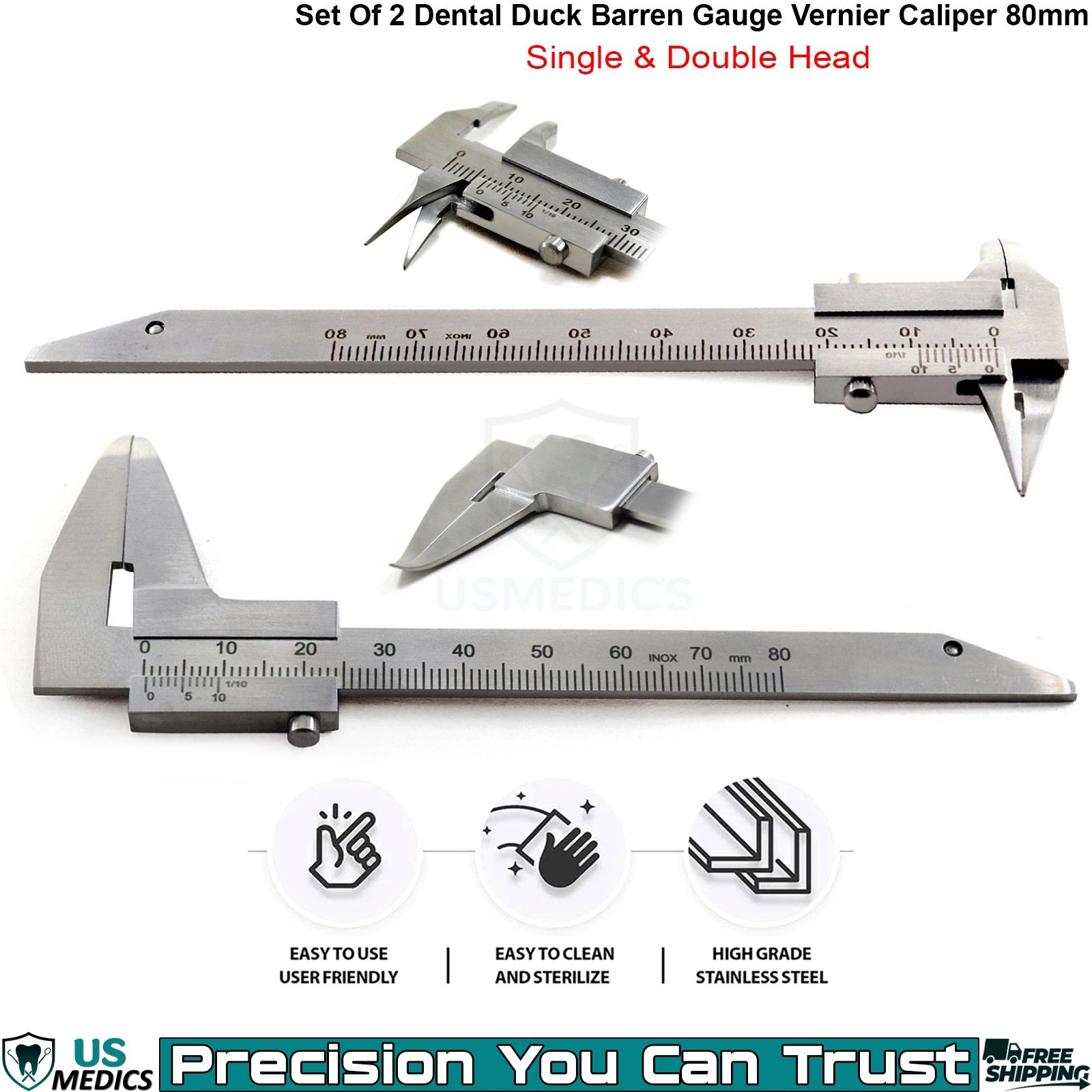 Dental Duck Barren Gauge Measuring Vernier Caliper 0-80mm Double Head Lab Tool