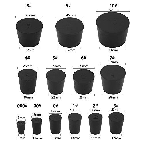 34 Pack Solid Rubber Stoppers – 13 Assorted Sizes, Black Tapered Lab Bungs