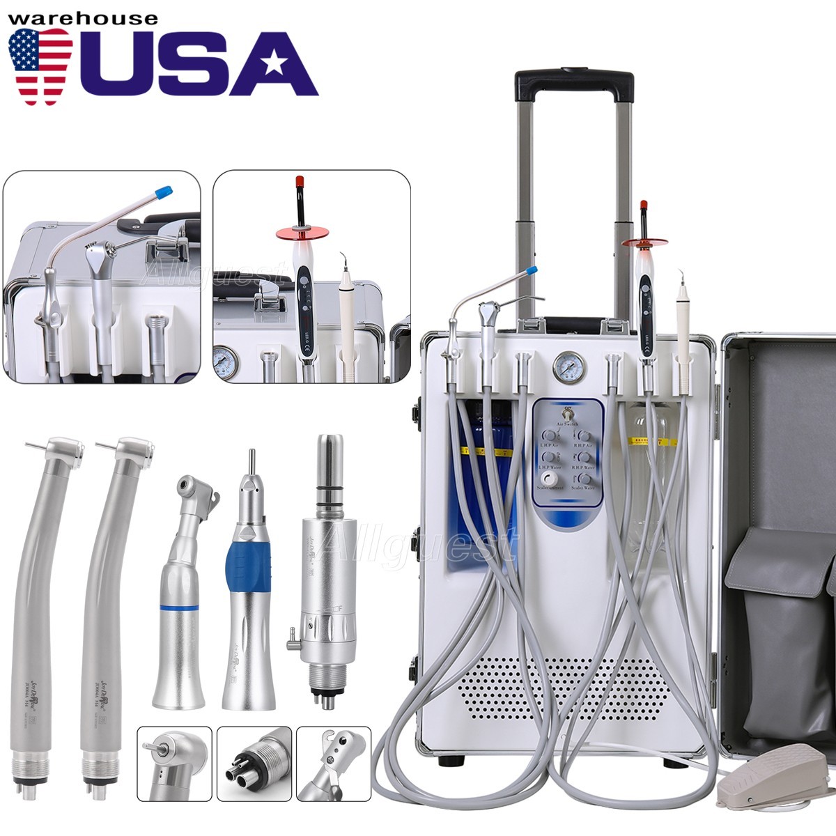 Dental Portable Delivery Unit Cart+Air Compressor+Suction+Scaler/Handpiece 4Hole