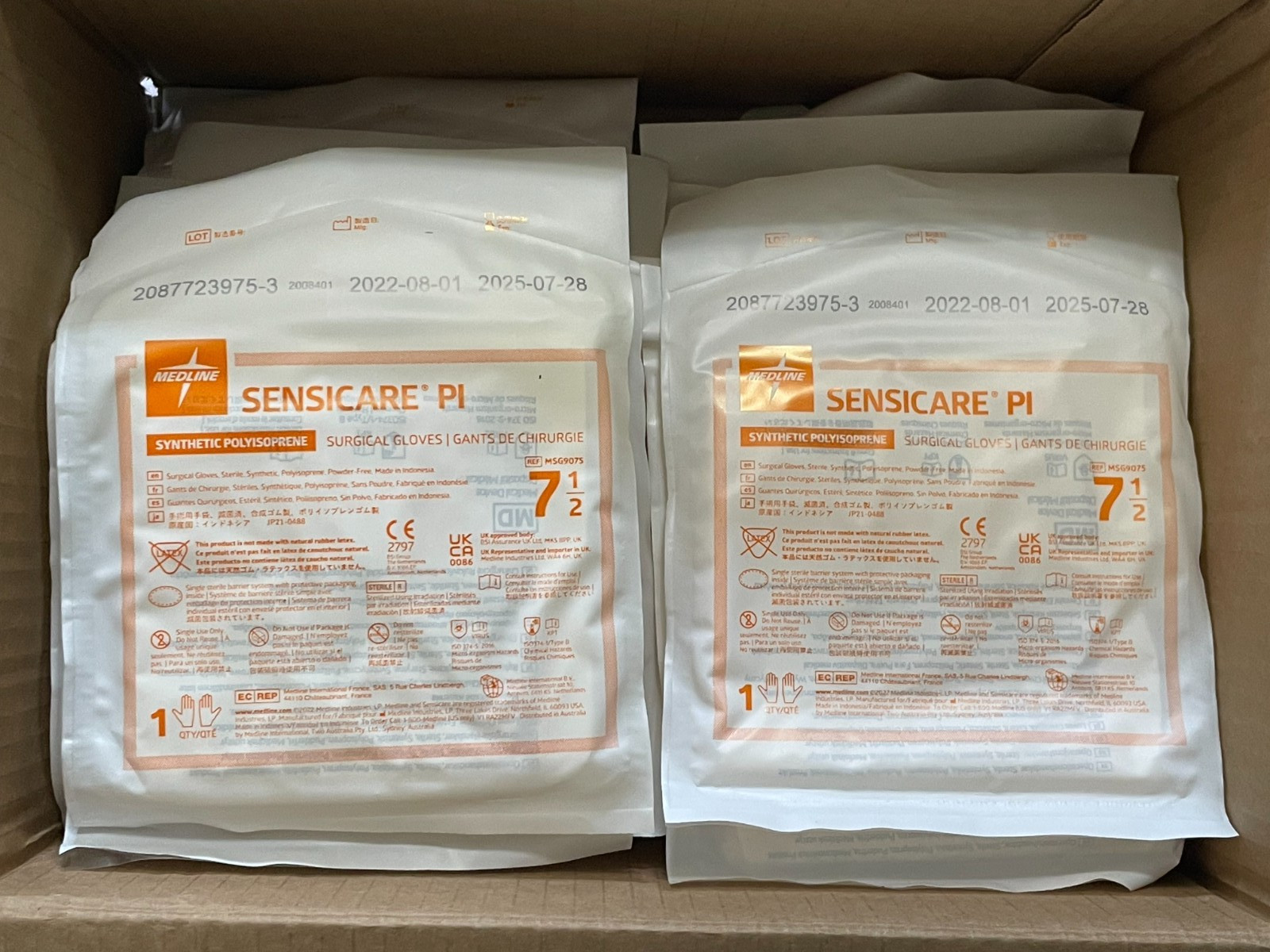 LOT OF 25 SENSICARE PI SURGICAL GLOVES 7 1/2 (7.5) MEDLINE 2087723975-3