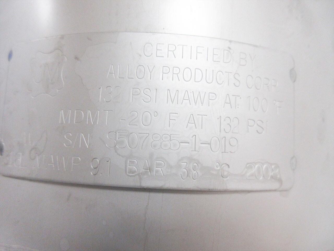 ALLOY PRODUCTS VESSEL 316L STAINLESS STEEL PRESSURE 132 PSI MDMT AT -20 oF