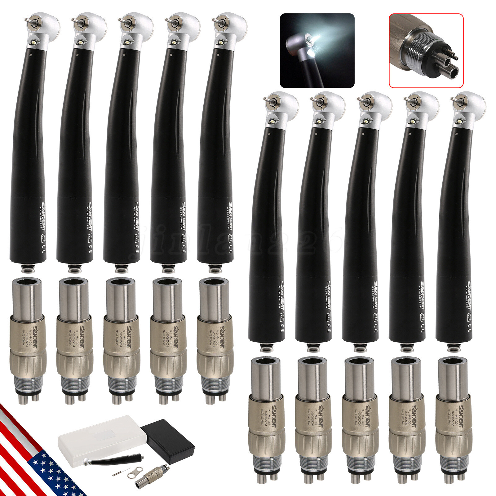 1-10PCS Dental High Speed LED E-generator Handpiece 3 Spray+4Holes Quick Coupler