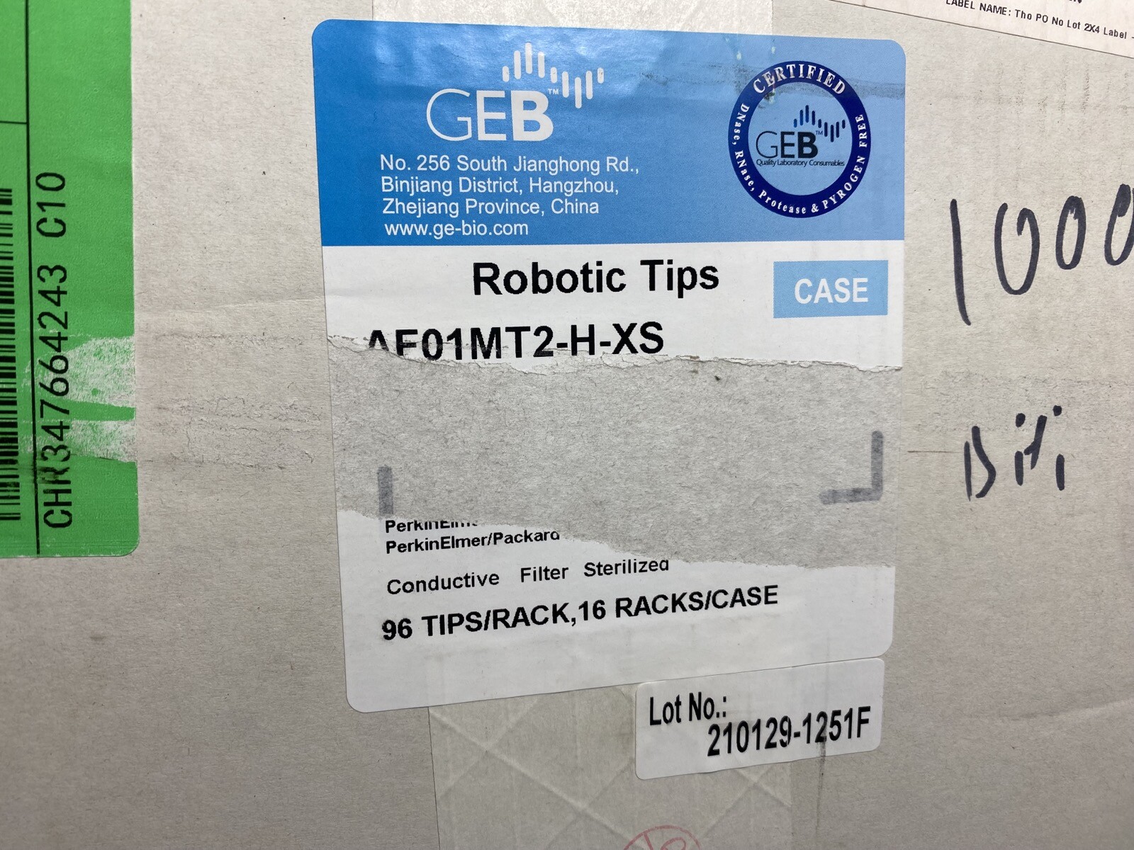 GEB 1000µL Automatic Conductive Sterilized Pipette Tips AF01MT2-H-XS (1536/cs)