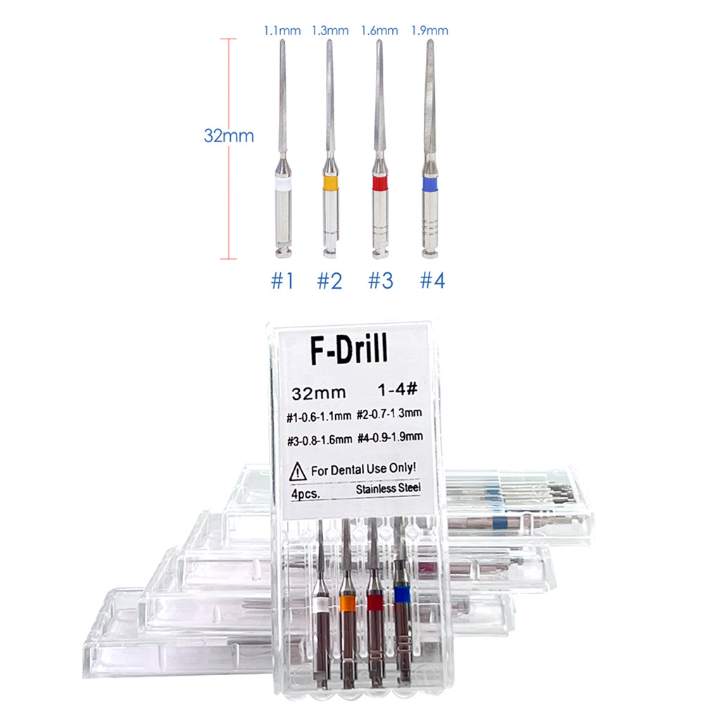 Dental Endo Root Stainless Steel Post Drills 1.1mm 1.3mm 1.6mm 1.9mm Mixed 4 Pcs