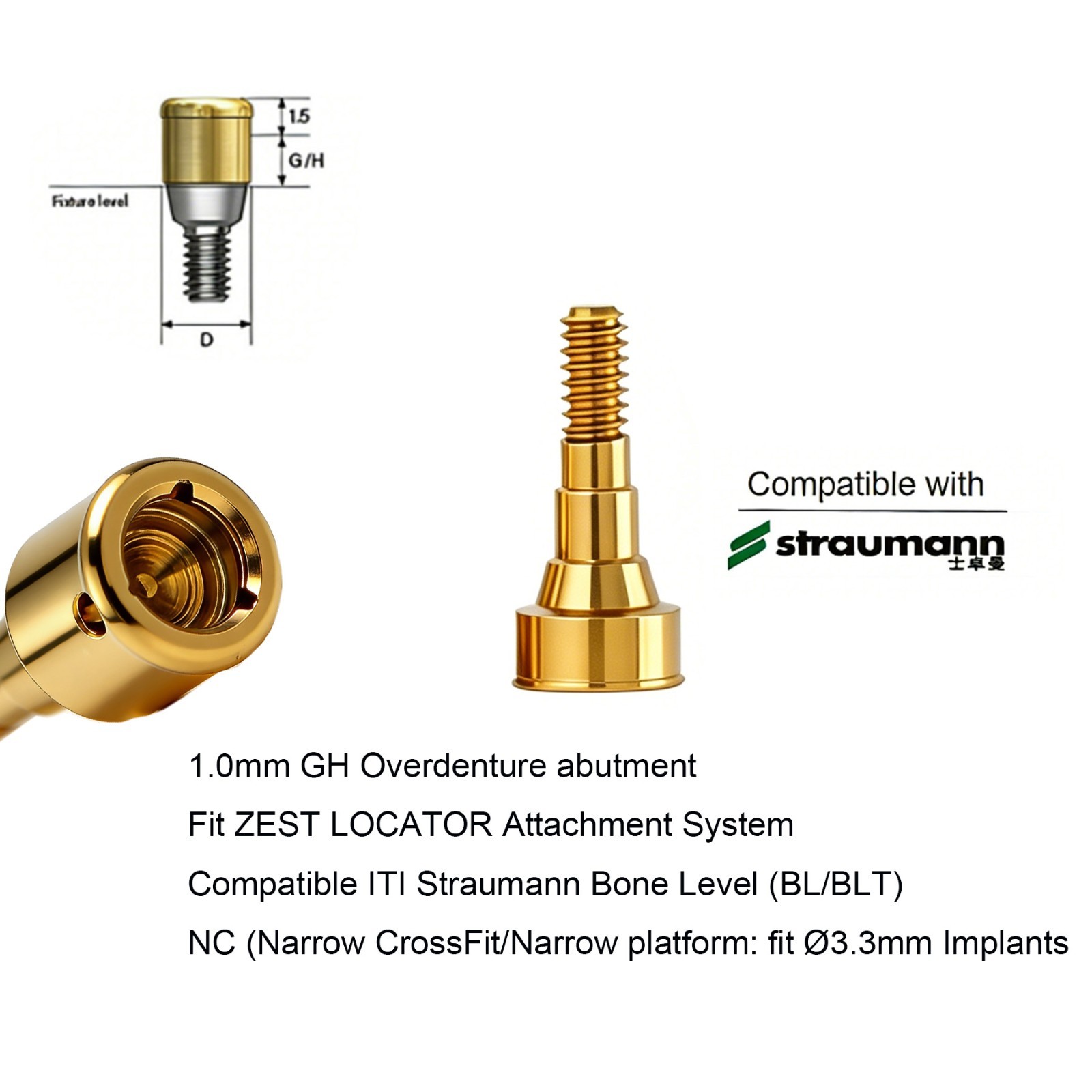 Overdenture Abutment for ZEST LOCATOR ITI Straumann B0ne Level 3.3mm NC Platform