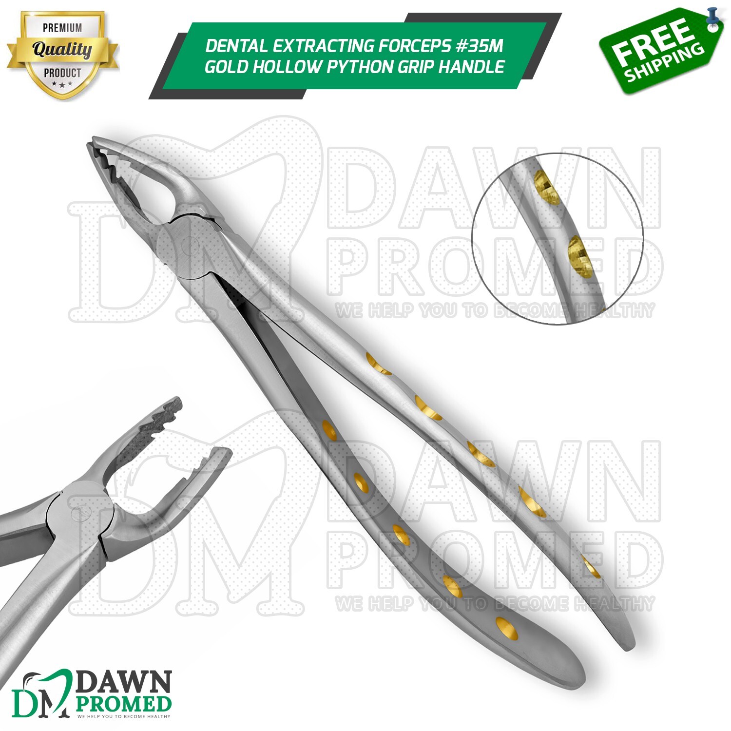 Dental Extracting Forceps #35M Gold Hollow Python Grip Handle German Grade