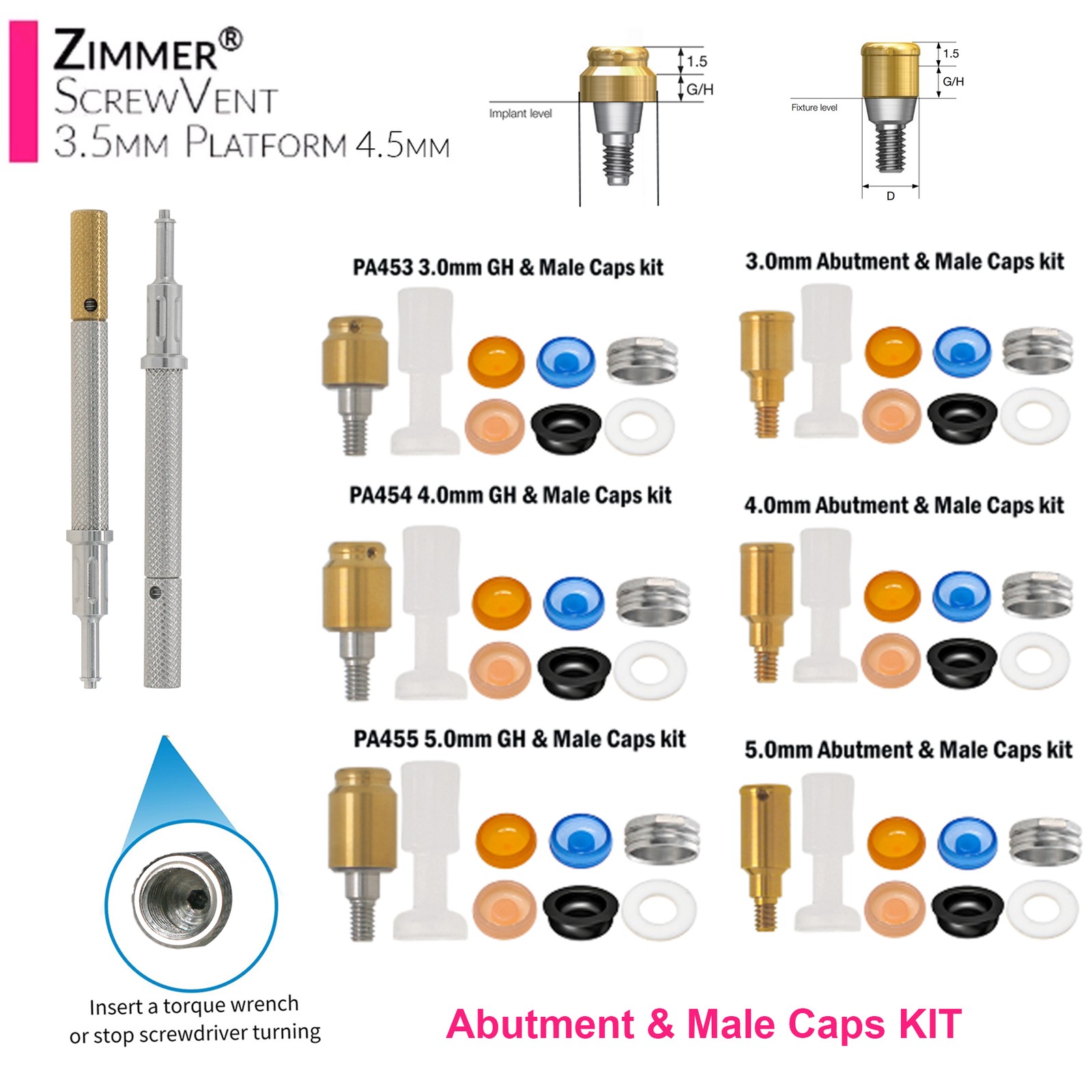 US Dental Locator Abutment Fits Zimmer TSV 3.5/4.5 NP/RP 1-5mm GH Internal Hex
