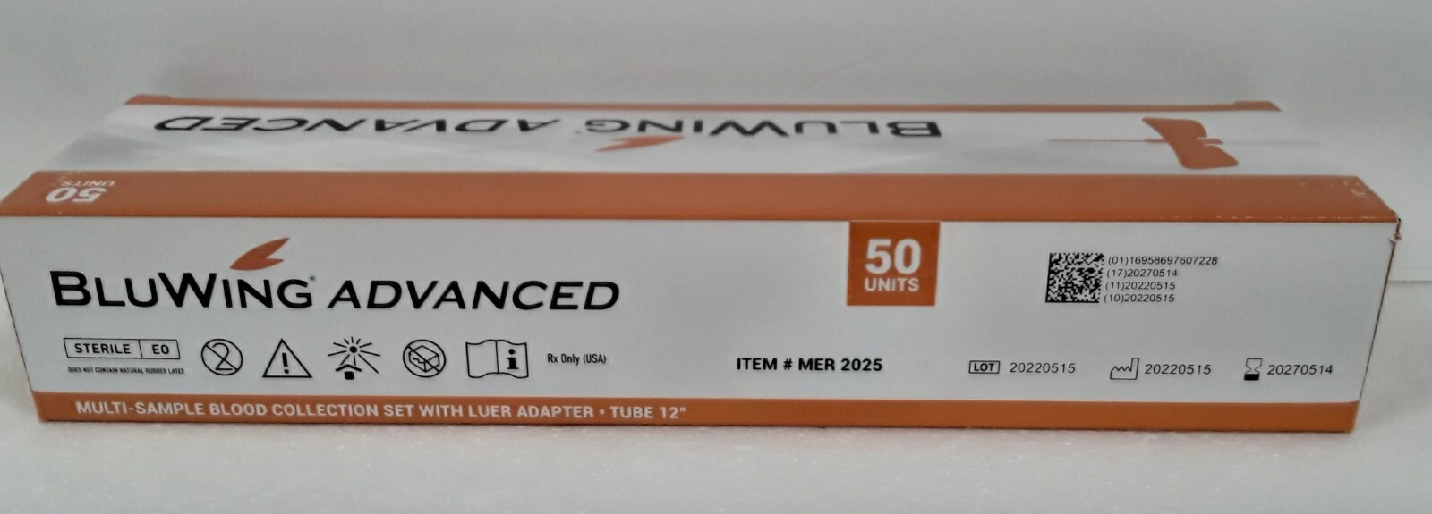 BluWing 25g Safety Blood Coll. Set w/Luer Adapter 50/BX Ref No MER2025 Long Exp.