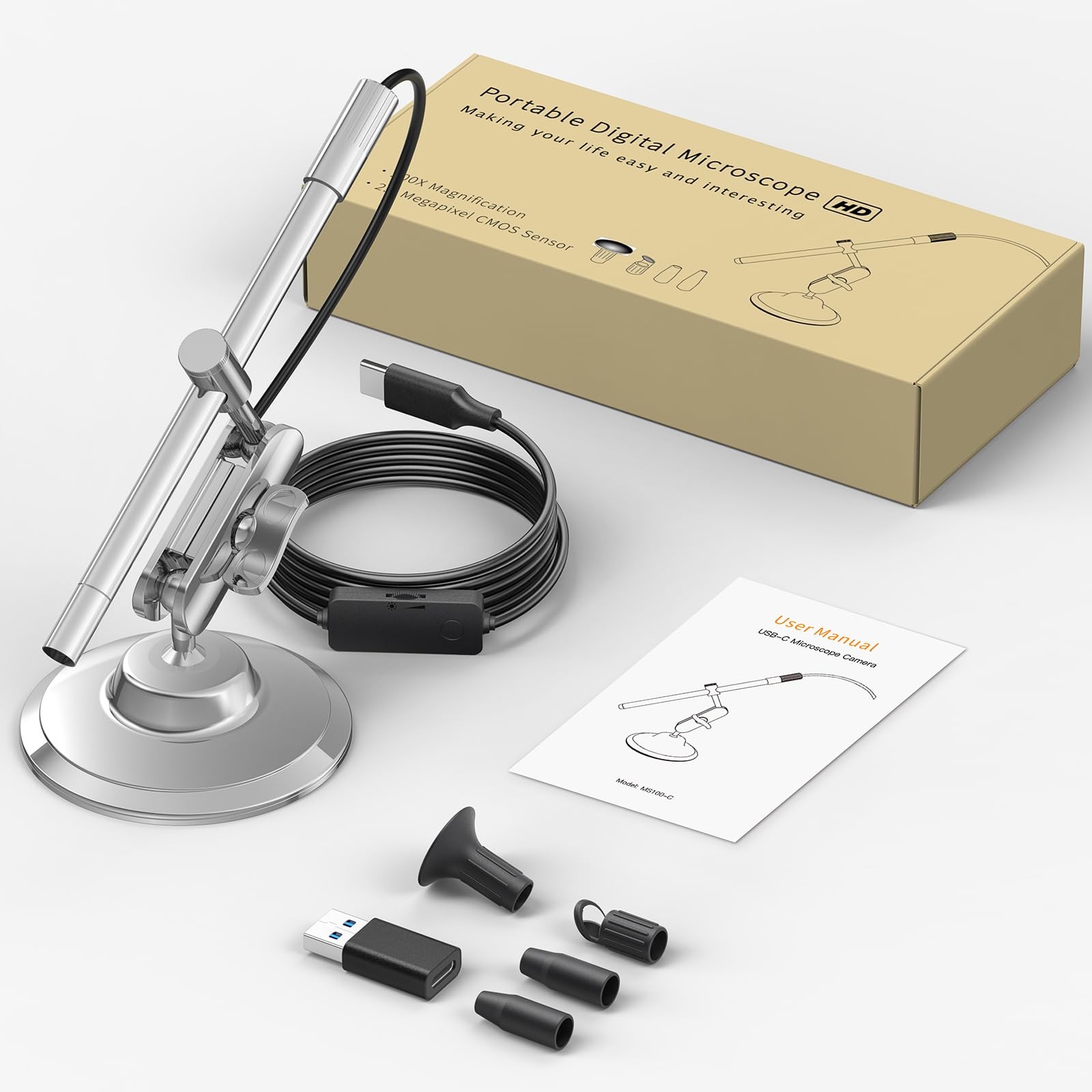 Teslong USB-C Digital Microscope, 10X to 200X Magnification Portable silver