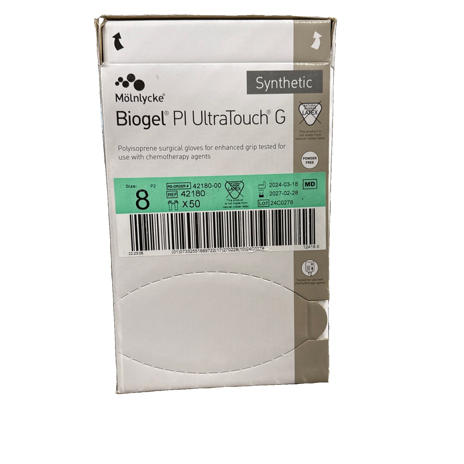 Molnlycke 42680 Biogel PI UltraTouch M Polyisoprene Gloves, Size 8, 50 Pairs