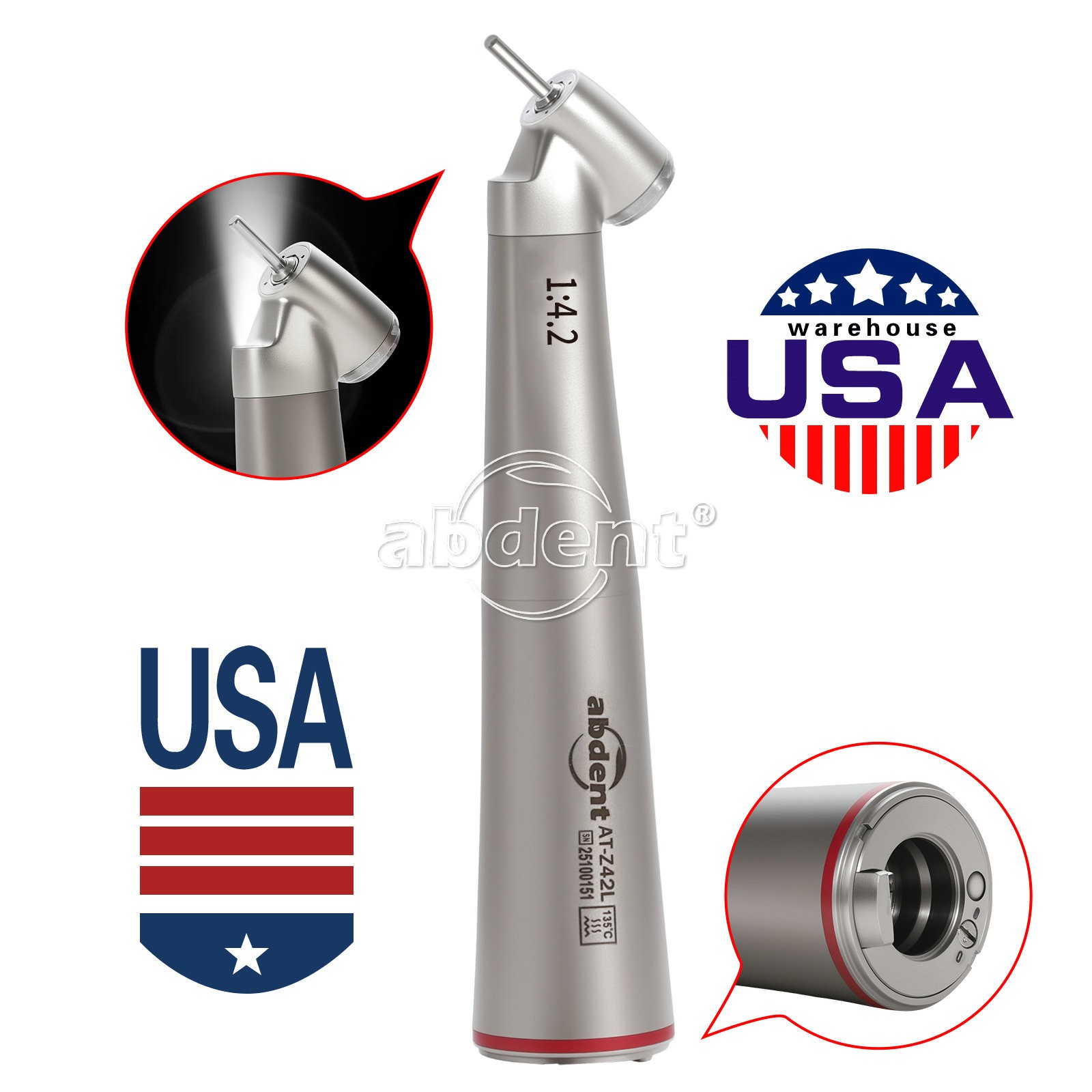abdent 45° Electric Contra Angle LED Optic 1:4.2 Handpiece Quattro Spray
