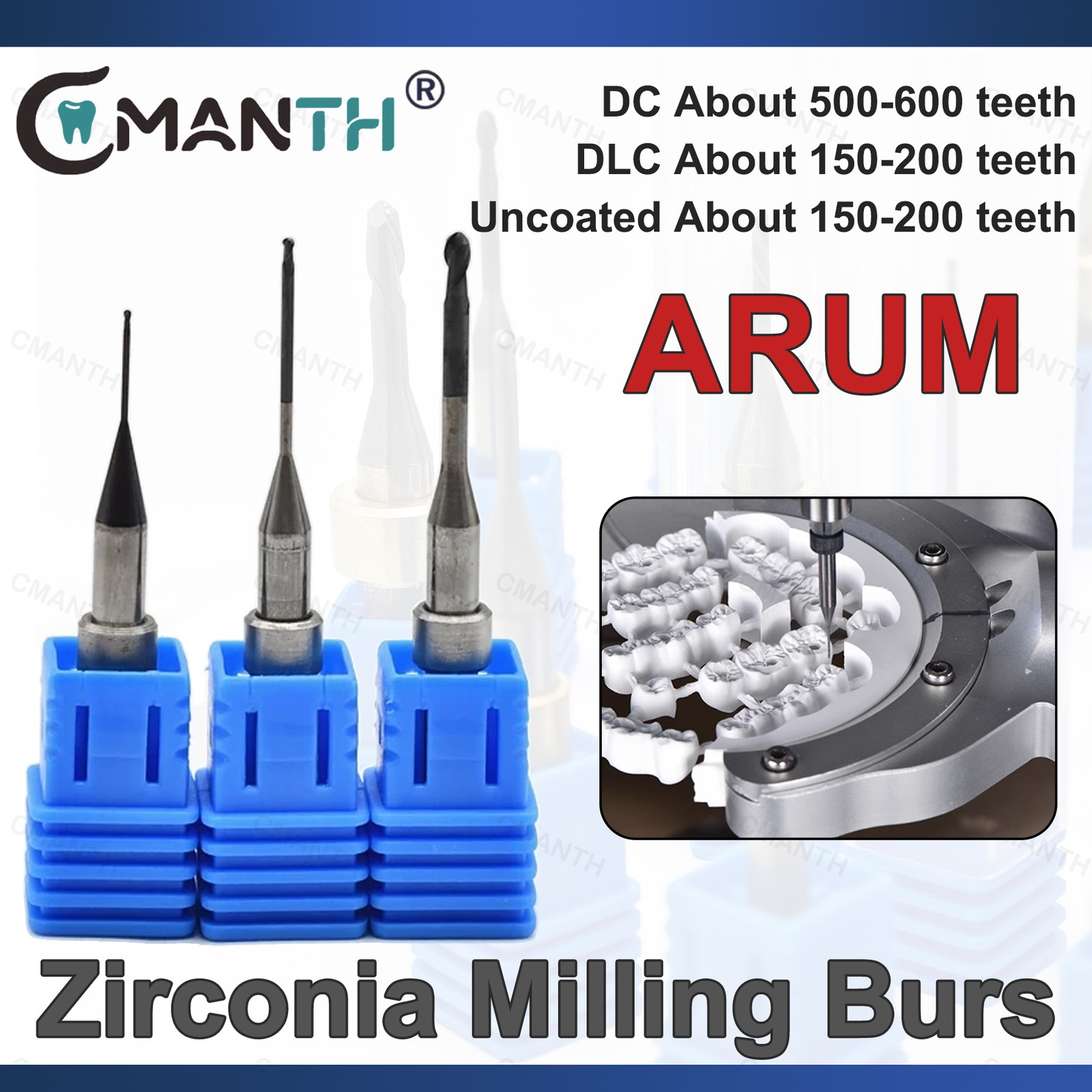 Arum Dental Zirconia Milling Burs Shank Dia.4mm For Zirconia PMMA 0.6/1.0/2.0mm