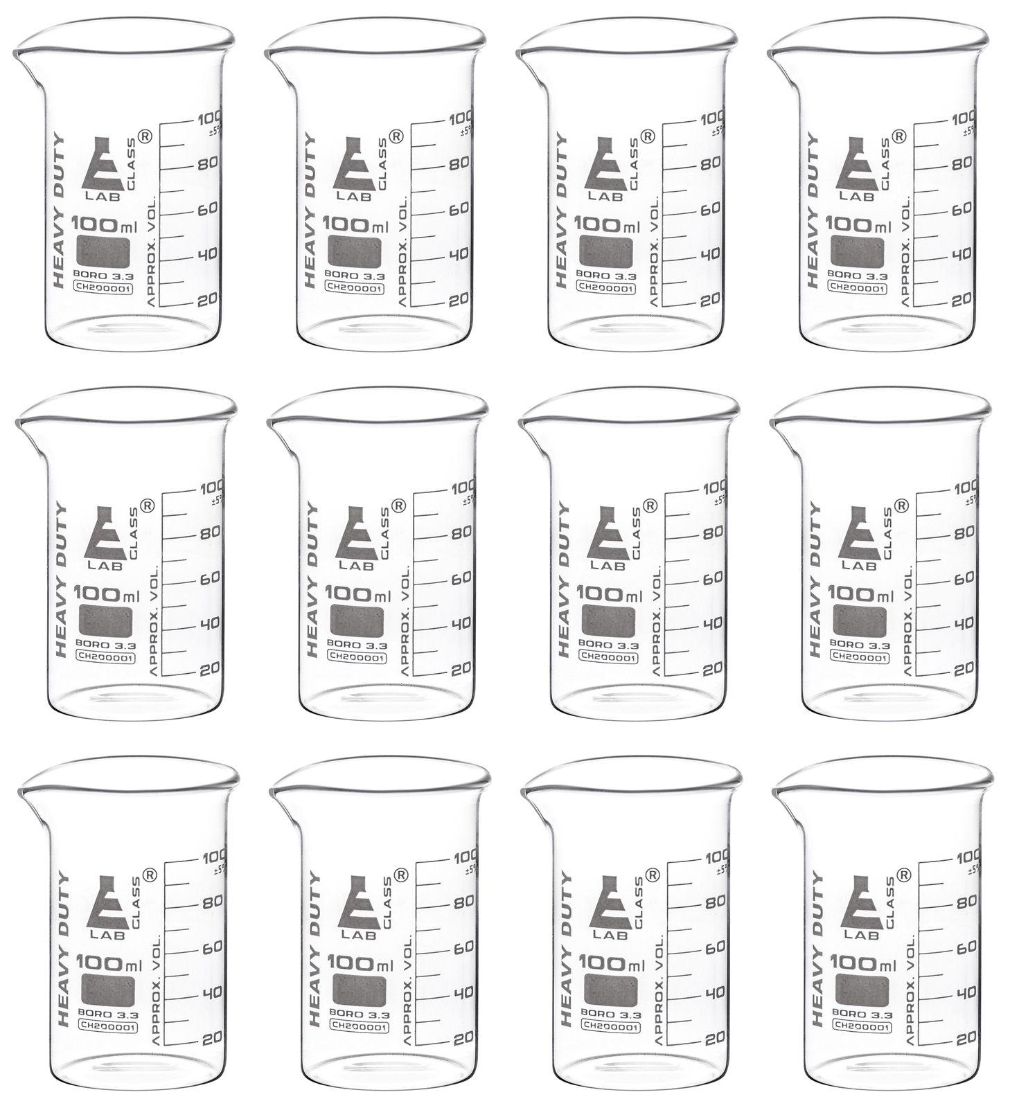 Eisco Labs 100ml Heavy Duty Beakers – Borosilicate 3.3 Glass – 12 Pack