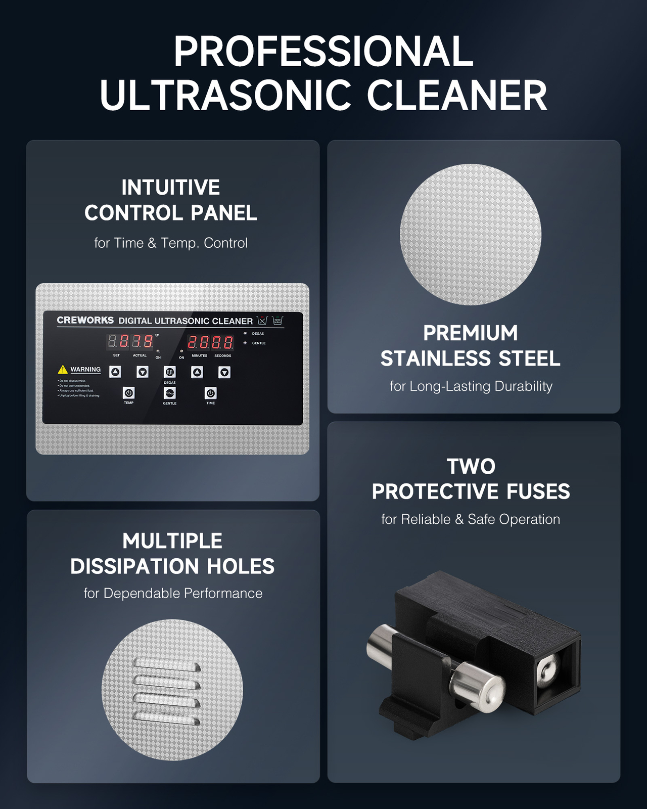 CREWORKS 3L Ultrasonic Cleaner with Control Panel 1-30 min. Timer & Degas Mode