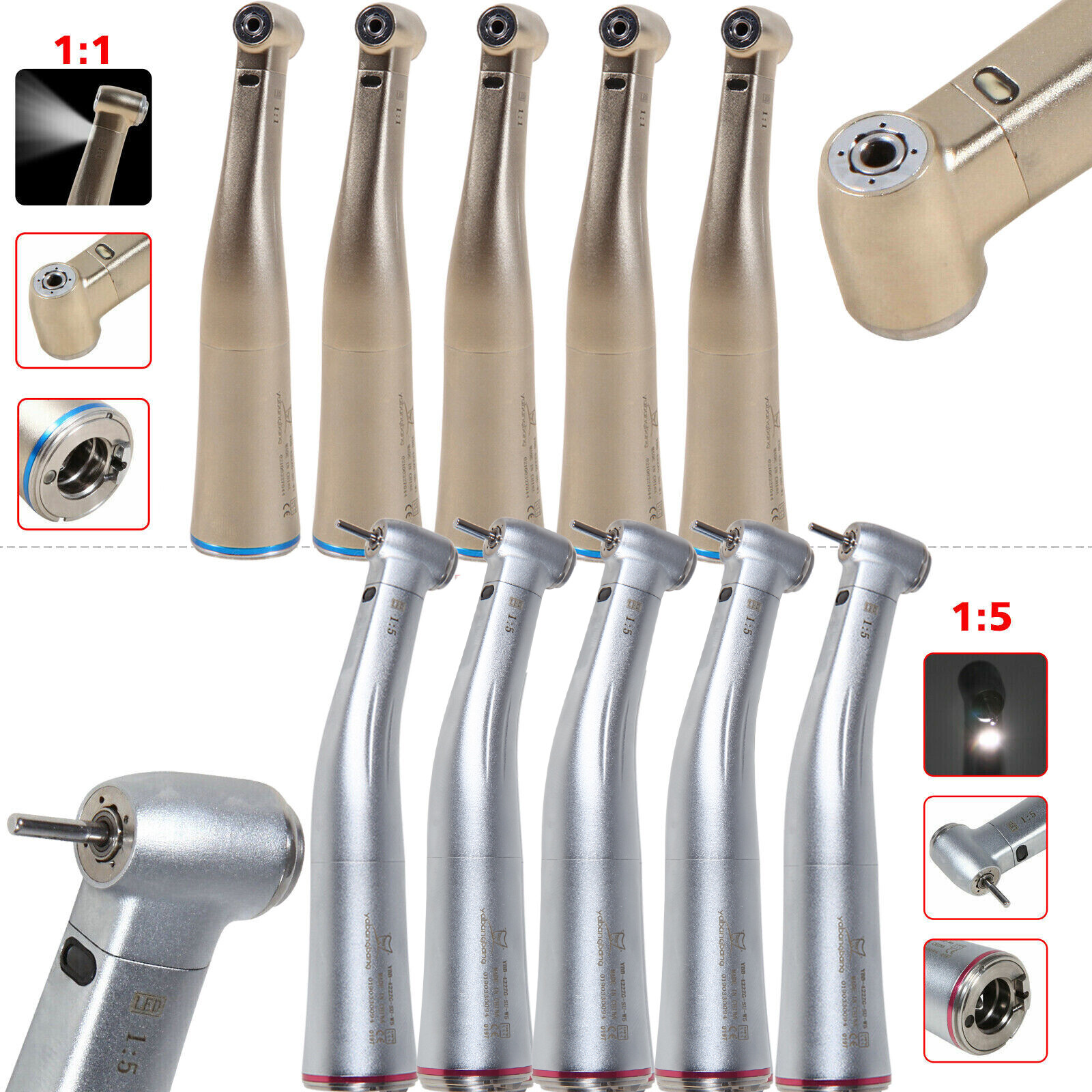 Dental 1:1 1:5 LED Fiber Optic Contra Angle Handpiece Push fit NSK/KaV motor