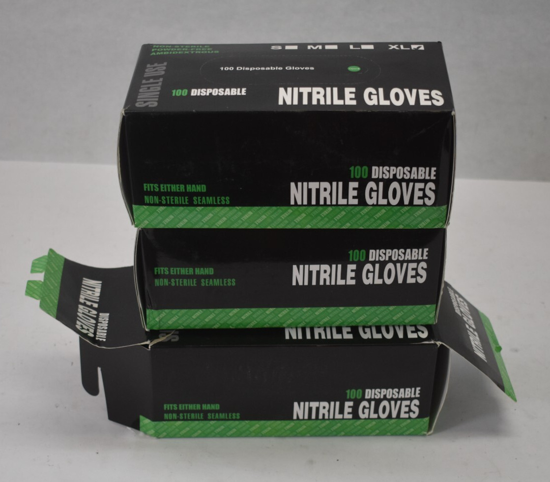 Lot of 300 XL Disposable Nitrile Gloves Non Sterile Black Seamless Cover