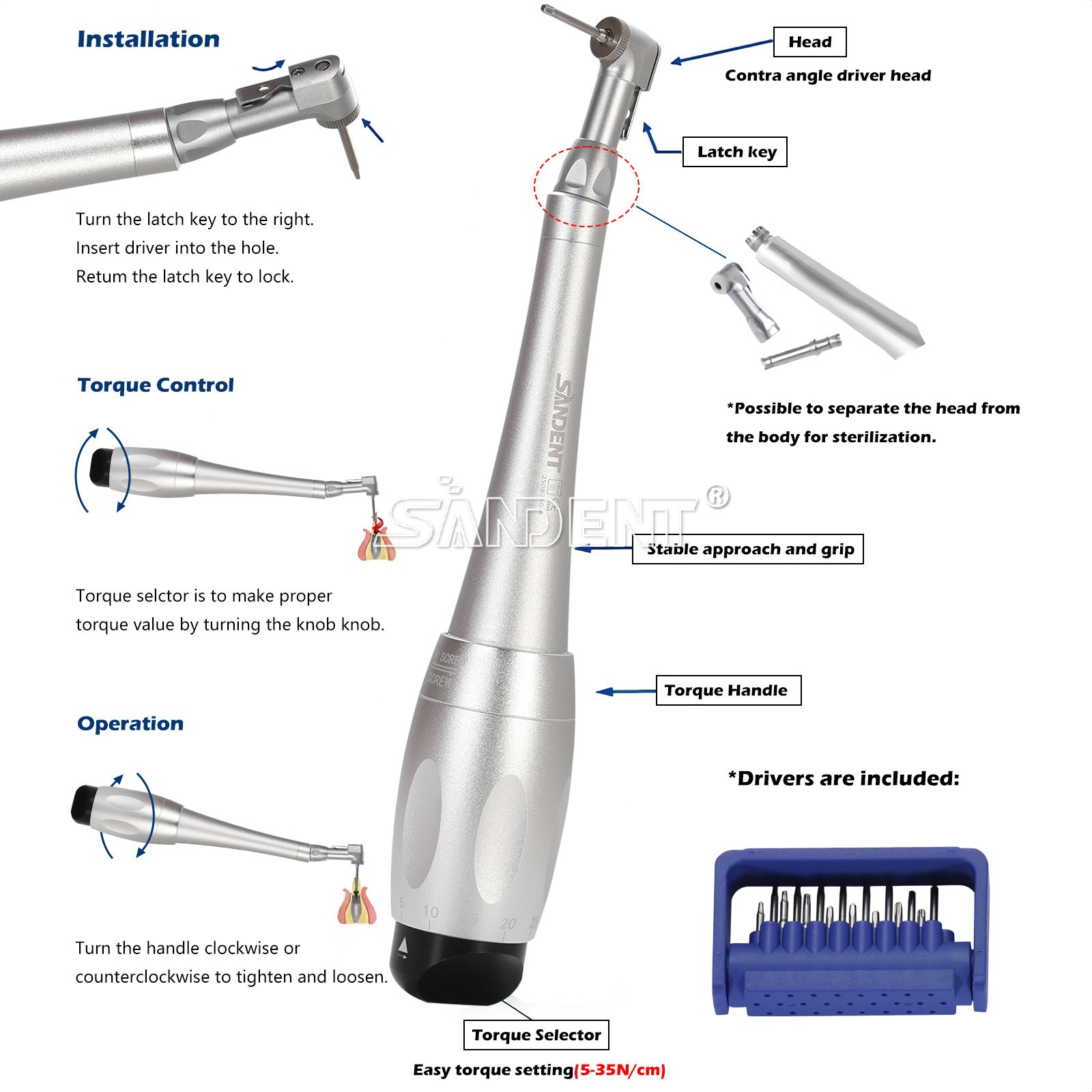 Dental Universal Implant Torque Wrench Handpiece Torque Wrench Driver 2 head+16
