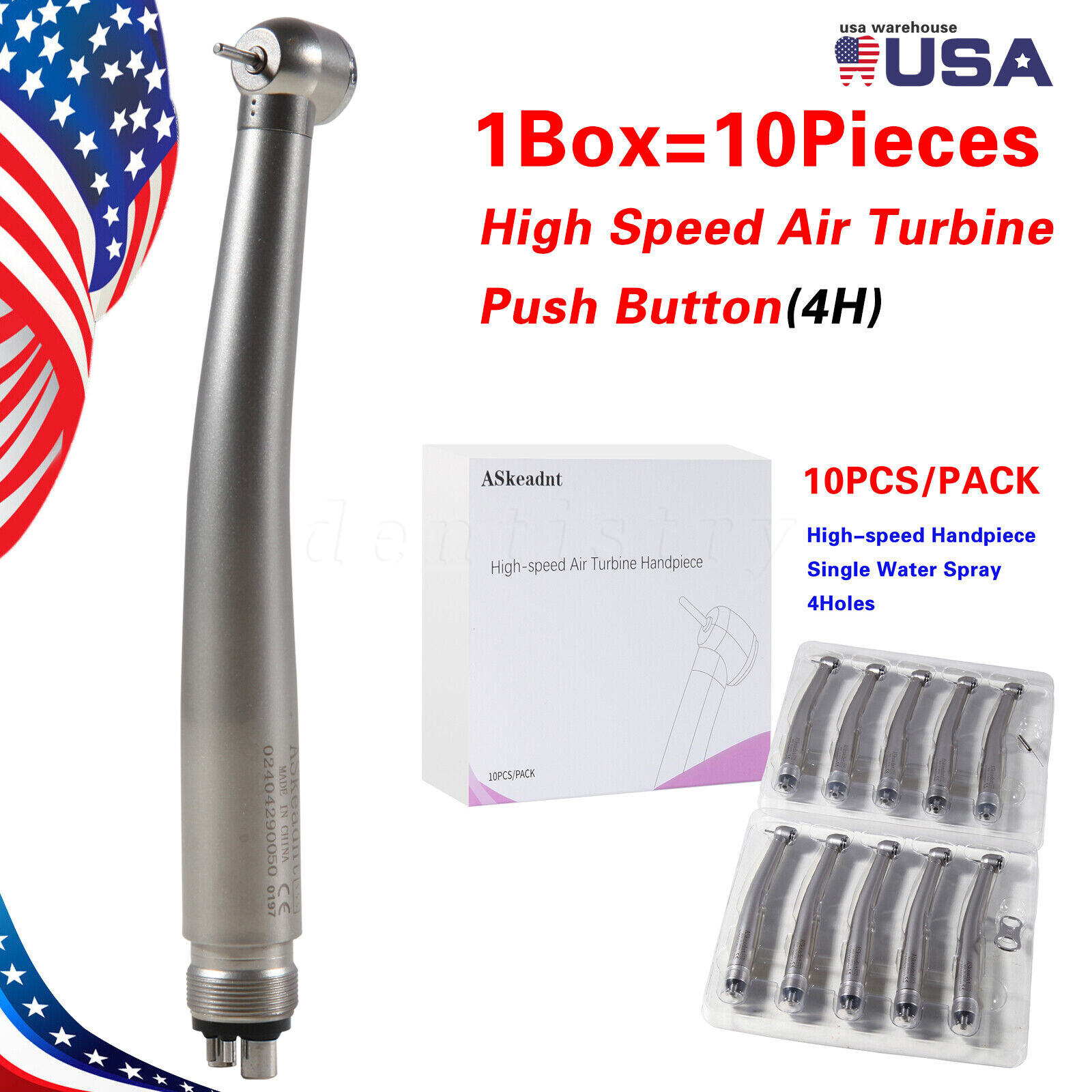 10 Askeadent Dental High Speed Handpiece Push Button Turbine Single Spray