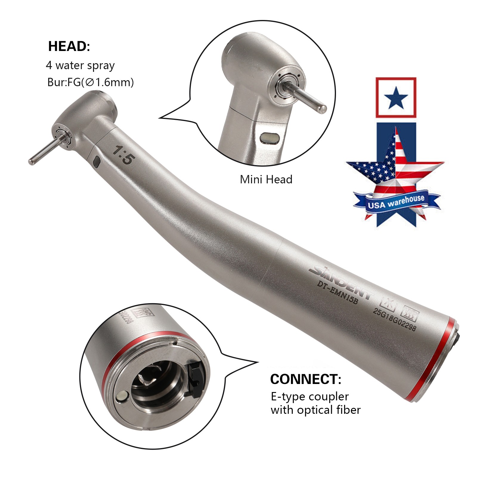 Dental 1:5 Contra Angle FG1.6mm LED Fiber Optic Handpiece MINI Inner Spray UPS H
